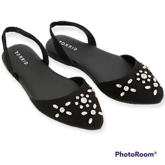 10.5W Torrid Black Embellished Slingback Flat Silver Faux Gem Sparkle Holiday - Picture 1 of 10